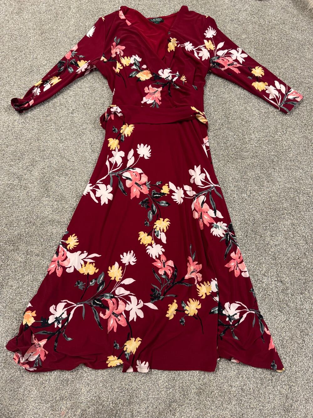 Lauren Ralph Lauren Burgundy Floral Wrap Maxi Dress